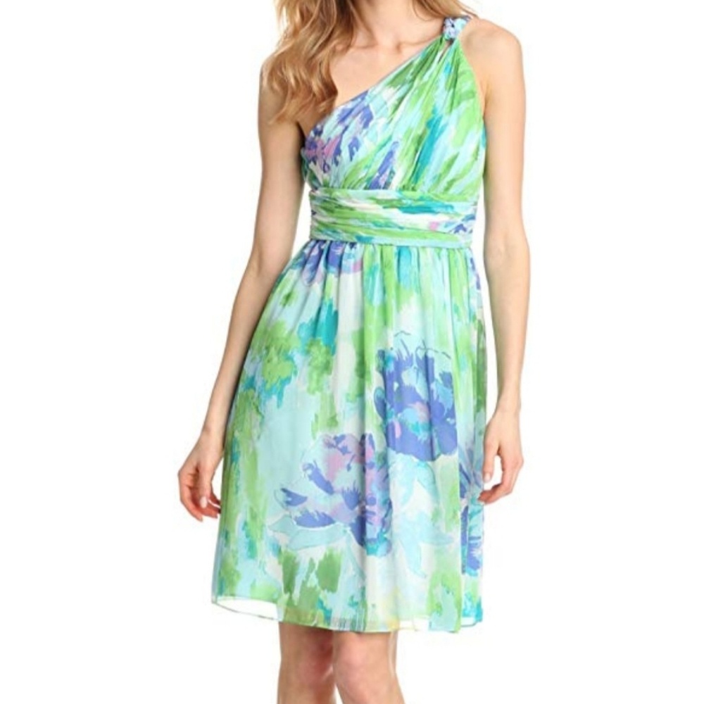 Donna Morgan One-Shoulder Green Floral Rhea Dress Sz 6